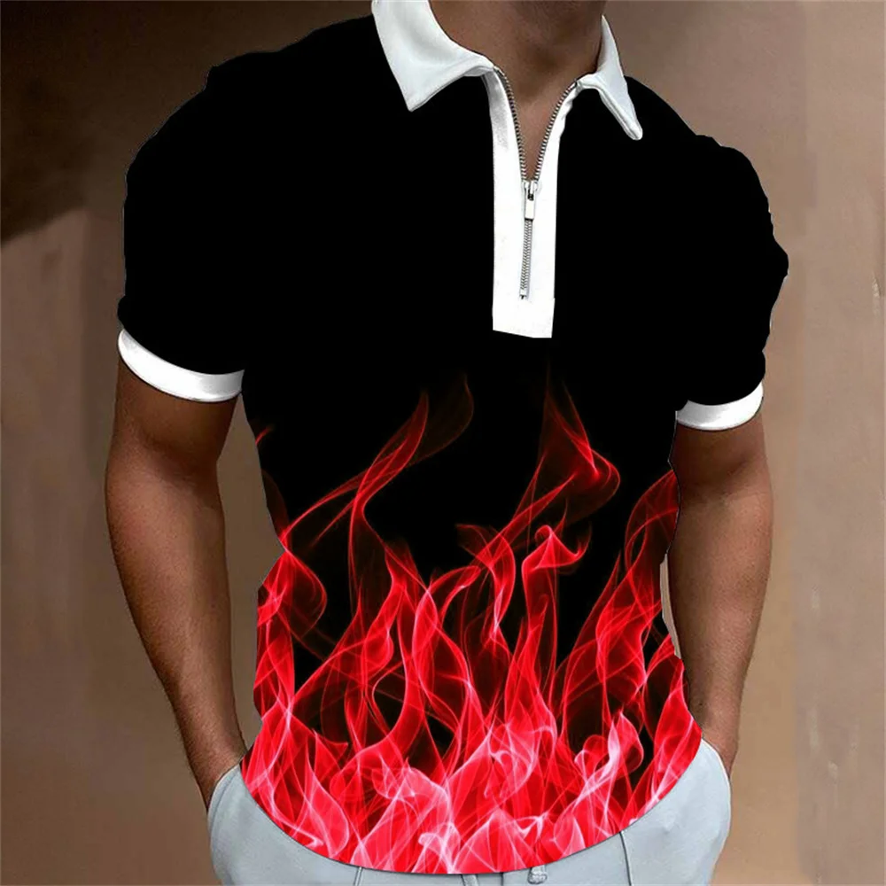 

Male Zipper Polo Shirts Vacation Men's 3d Flame Printed Shirts Everyday Short Sleeve Tshirt Lapel Button Man Casual Top Clothing
