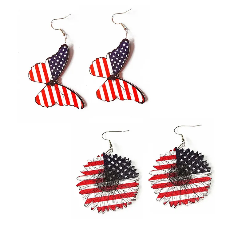 

2PCS American Flag Pattern Butterfly Sunflower Donut Eardrop Earbob Fashion Retro Acrylic 4th of July Independence Day Earrings