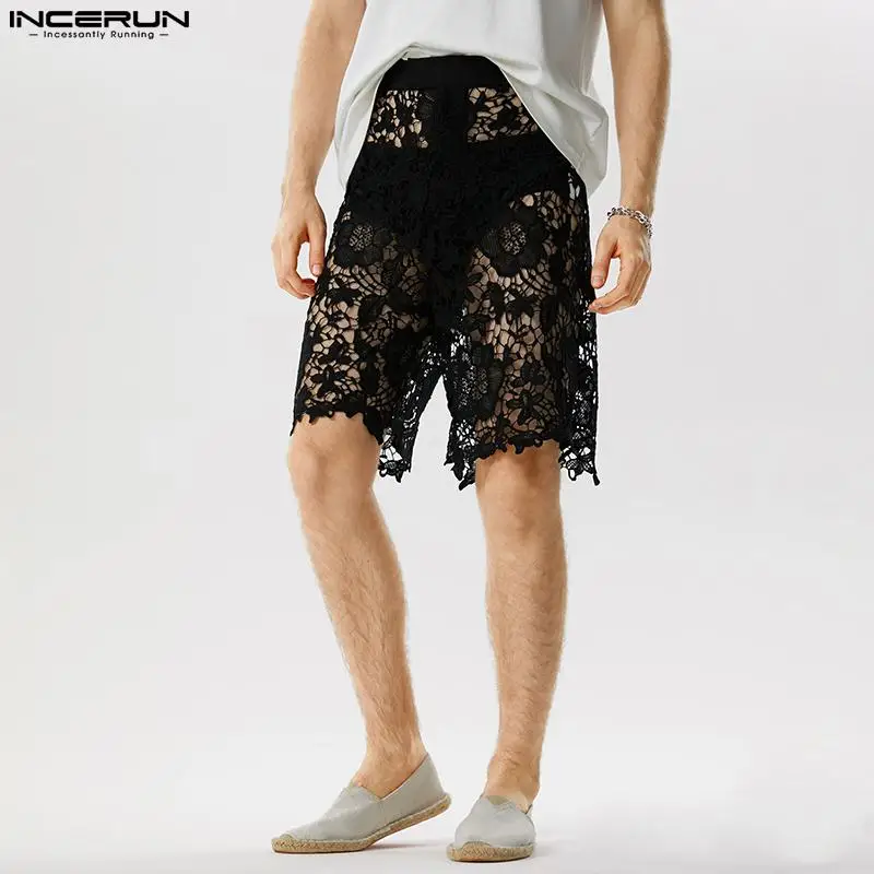 

INCERUN American Style Men's Lace Printing Hollow Design Shorts Casual Party Show Hot Selling Sexy Breathable Mesh Shorts S-5XL