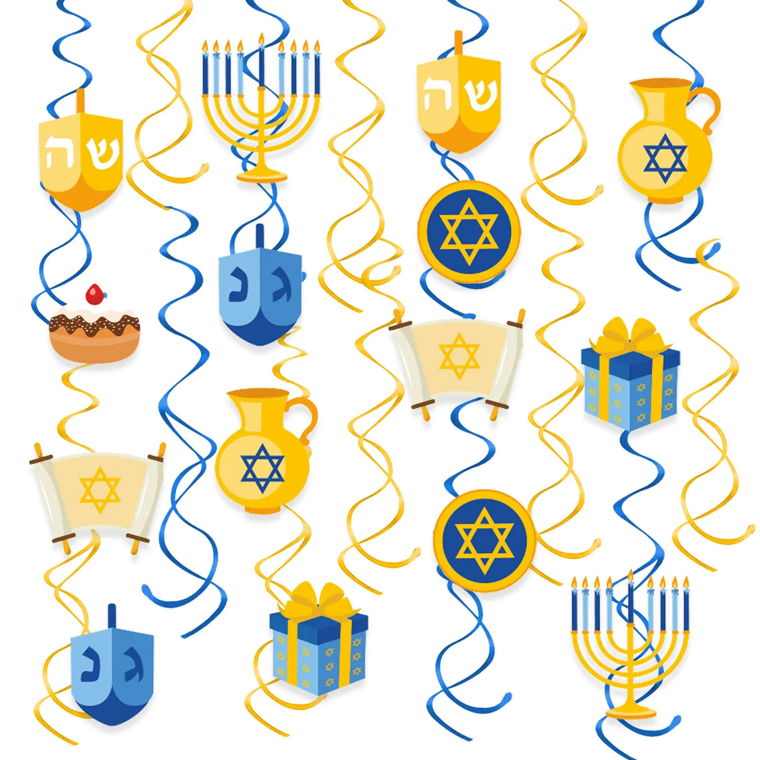 

Happy Hanukkah Party Decoration Blue Yellow Ceiling Hanging Swirl with Candlesticks for Jewish Hanukkah Holiday Party Supplies