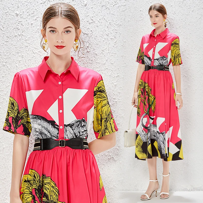 

Новинка лета 2020 европейское платье-трапеция с коротким рукавом и воротником-рубашкой длинное вечернее элегантное платье с кокосовым леопа...