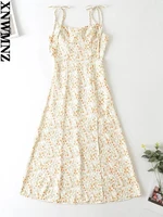xnwmnz 2022 women fashion french high waist floral dress woman retro side slit back pleated female chic dresses