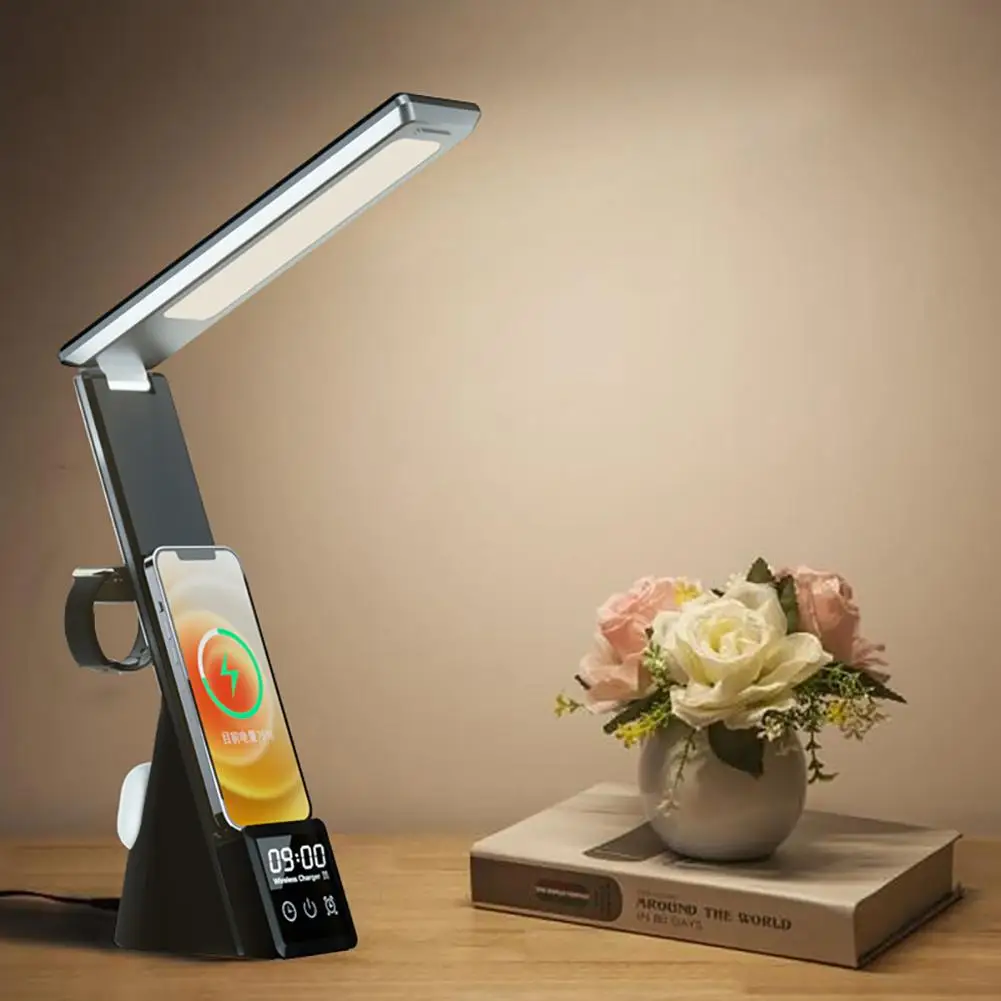 

Wireless Charging LED Desk Lamp With Alarm Clock Eye Protect Study Business Light Table Lamp Multi-function Charge Dock Stand