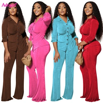 Adogirl Velvet Two Piece Set Tracksuits Women Solid Turn Down Collar Long Sleeve Buttons Ruched Shirt Top Flare Pants Suits 1