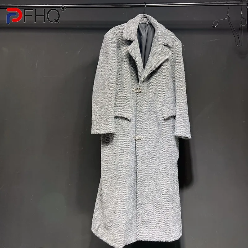 

PFHQ 2023 Niche Design Trendy Men's Spring Herringbone Fur Long Coat Trench Jacket Knee-length Handsome Stylish High Quality New