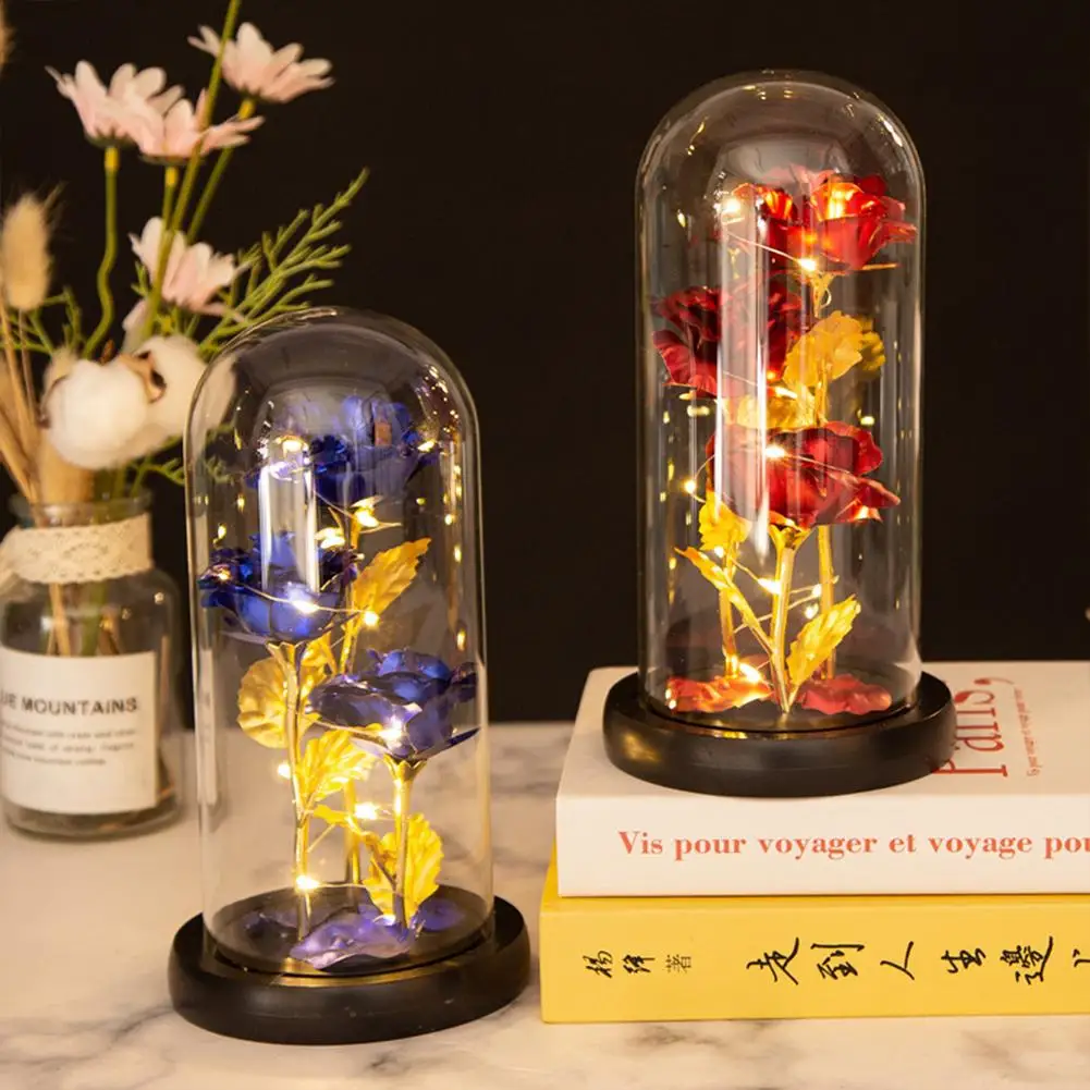 

Colored Roses Ornaments 3 Flowers Glass-covered Gold-leaf Artificial Roses Luminous Led Night Light Creative Valentine Day Gifts