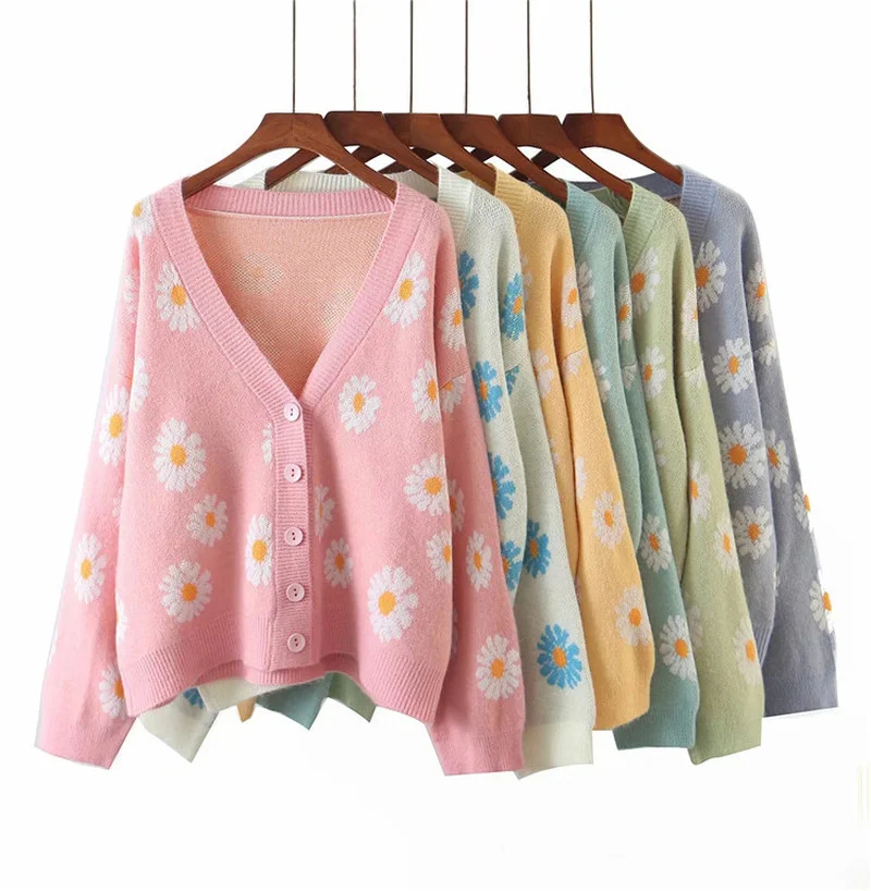 

Y2k Cute Pink Sweet Sweater Elegant Cardigan Button Women Loose Knit Coat 2023 Autumn Casual Long Sleeve V Neck Floral Sweaters