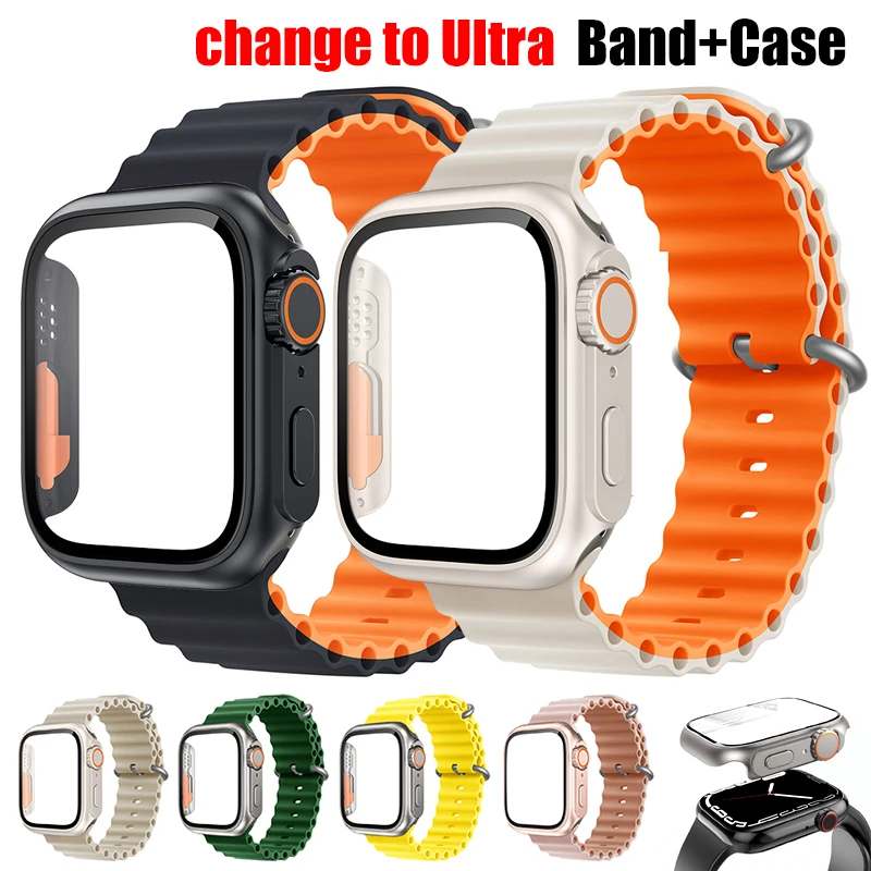 

Glass+Case+Strap For Apple Watch Band 44mm 45mm 40mm 41mm 38mm Silicone Watchband Bracelet Correa iWatch Serie 4 8 7 5 6 se band