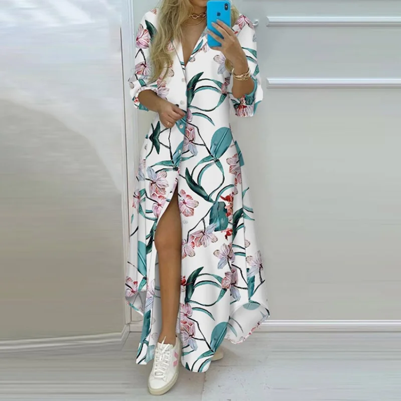 

Women Dress Stripe Print Long Shirt Dress 2022 Spring New Fashion Boho Beach Button Big Maxi Dress Ladies Letter Oversized Robe