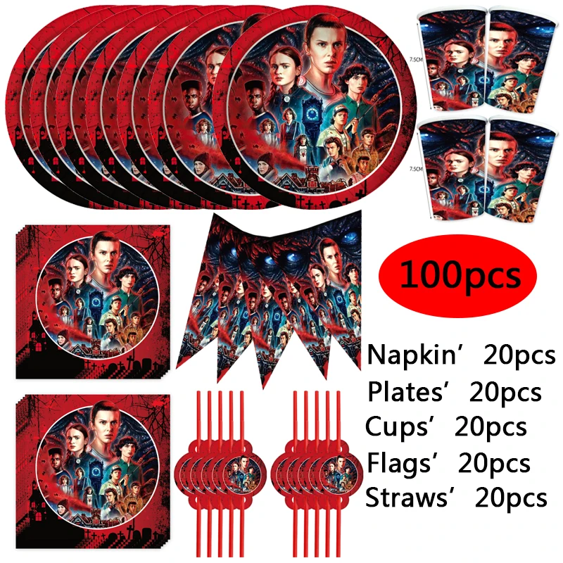 

Stranger Things 4 Birthday Theme Supplies Paper Cups 7inch Plates Napkin Straws Pennant Tableware Halloween Decorations For Kids
