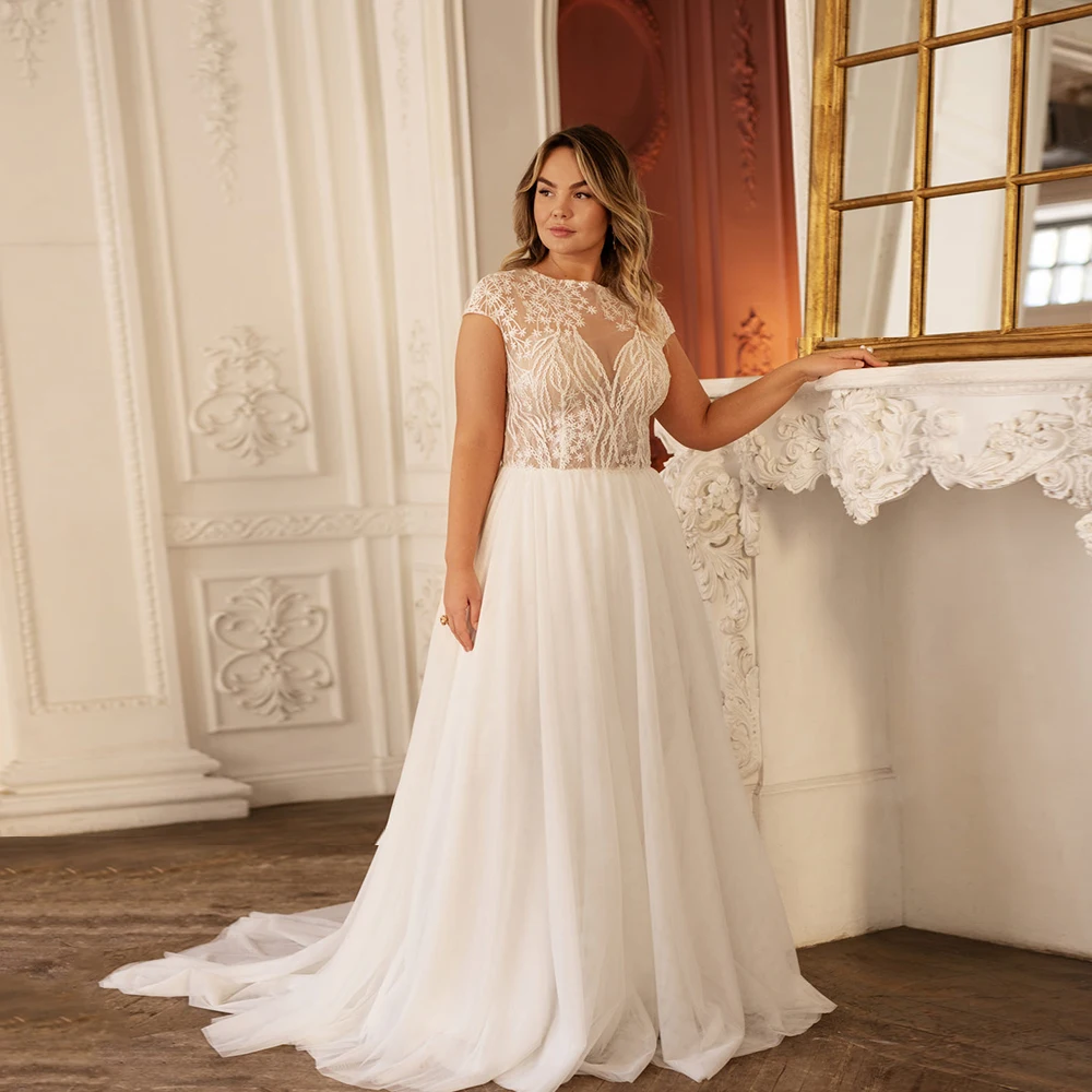 

Elegant Wedding Dress For Women O-Neck Cap Sleeves Zipper Bride Gown Chiffon Sweep Train Tulle A-Line Plus Size Vestido De Noiva