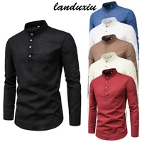 landuxiu 2022 summer mens small stand collar linen cotton slim fit 5xl size casual business daily long sleeve pullover shirt