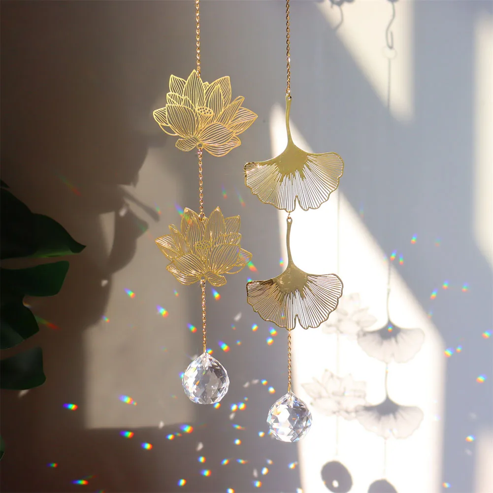 

Crystal Wind Chime Prism Lotus Ginkgo Four Leaves Dream Catchers Curtain Wind Bells Hanging Ornament Home Room Garden Wall Decor