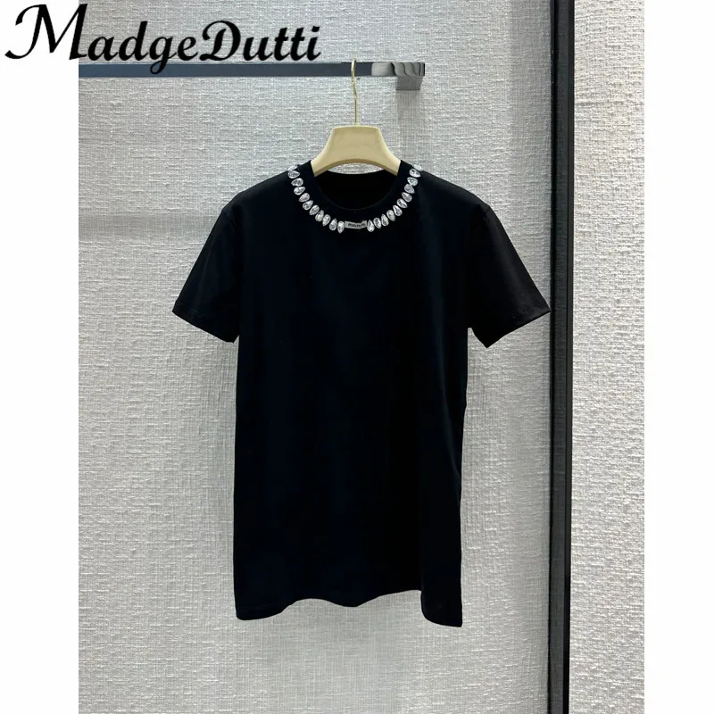 

12.29 MadgeDutti Letter Hand Art Diaonds Beading O-Neck Temperament Sweet T-Shirt Women