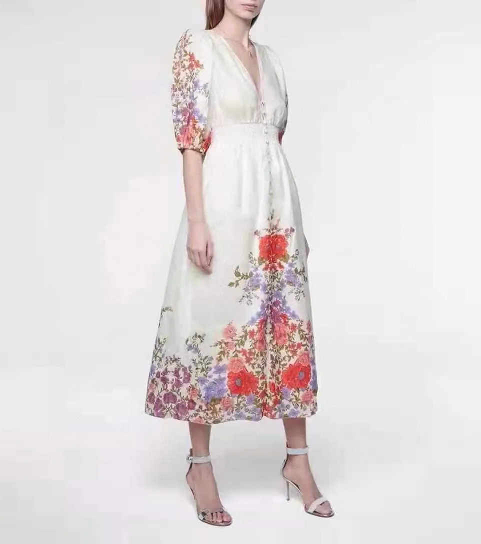 

Spring and Summer New Women's V-Neck Puff Sleeve Belted Colorful Floral Print Party Dress