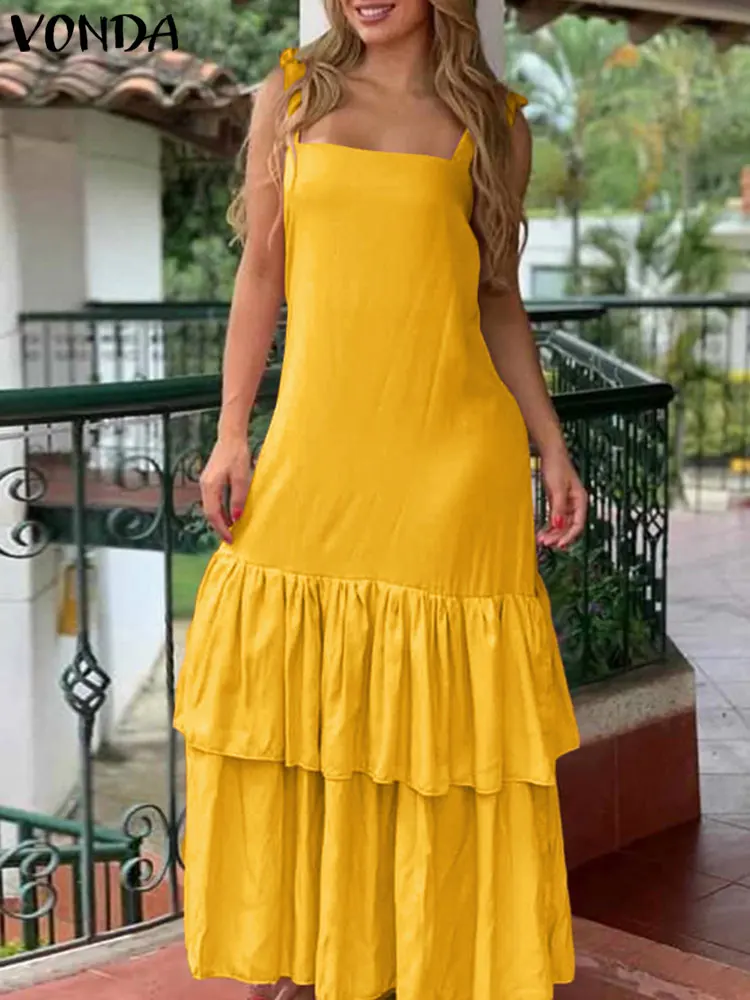 

Long Maxi Dress Women Bohemain Summer Party Dress VONDA 2022 Holiday Beach Sundress Casual Solid Pleated Ruffled Vestidos Robe