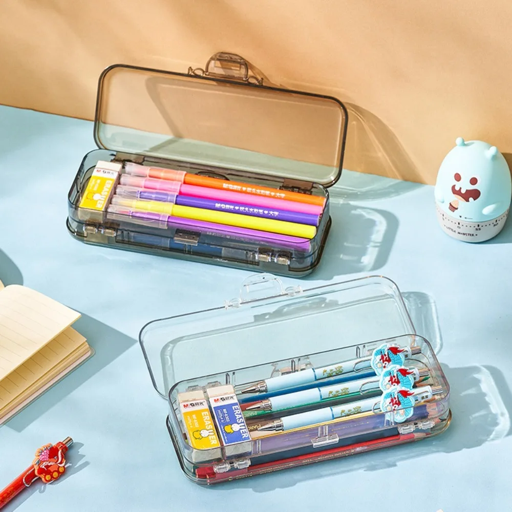 

Double Deck Pencils Box New With Snap Lid Removable Ruler Dividing Pen Case Clear Large Capacity Stationery Box Students