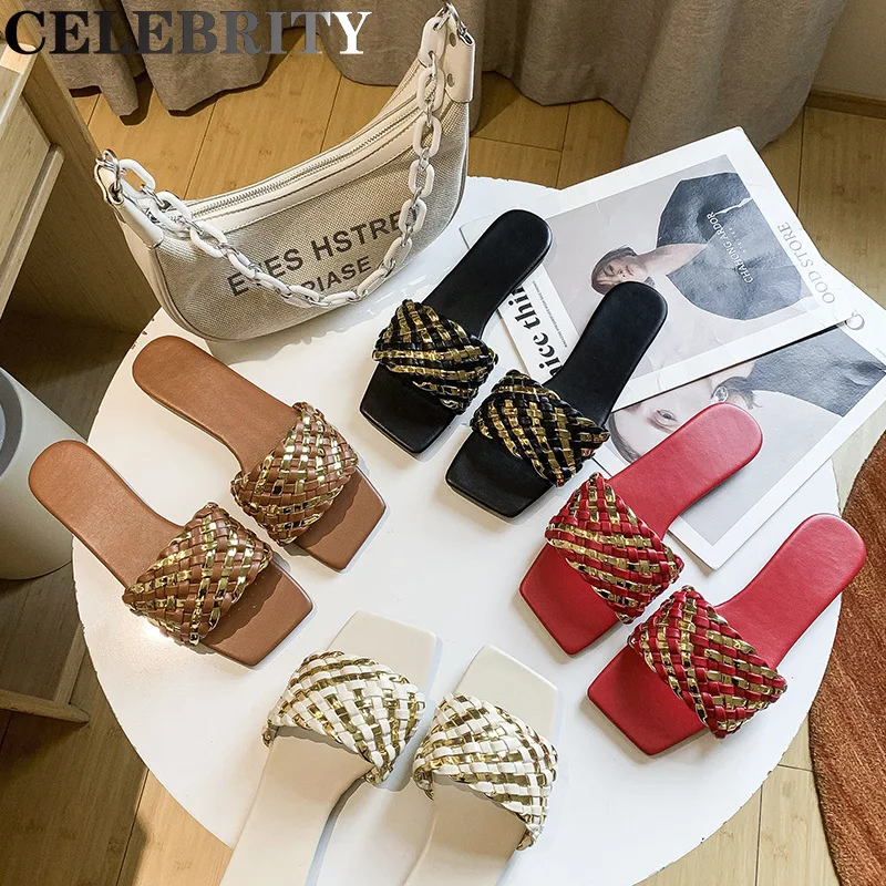 

Sandals women's fashion wear out 2022 new summer net red woven flat bottom flip flop Beach Resort Beach Shoes