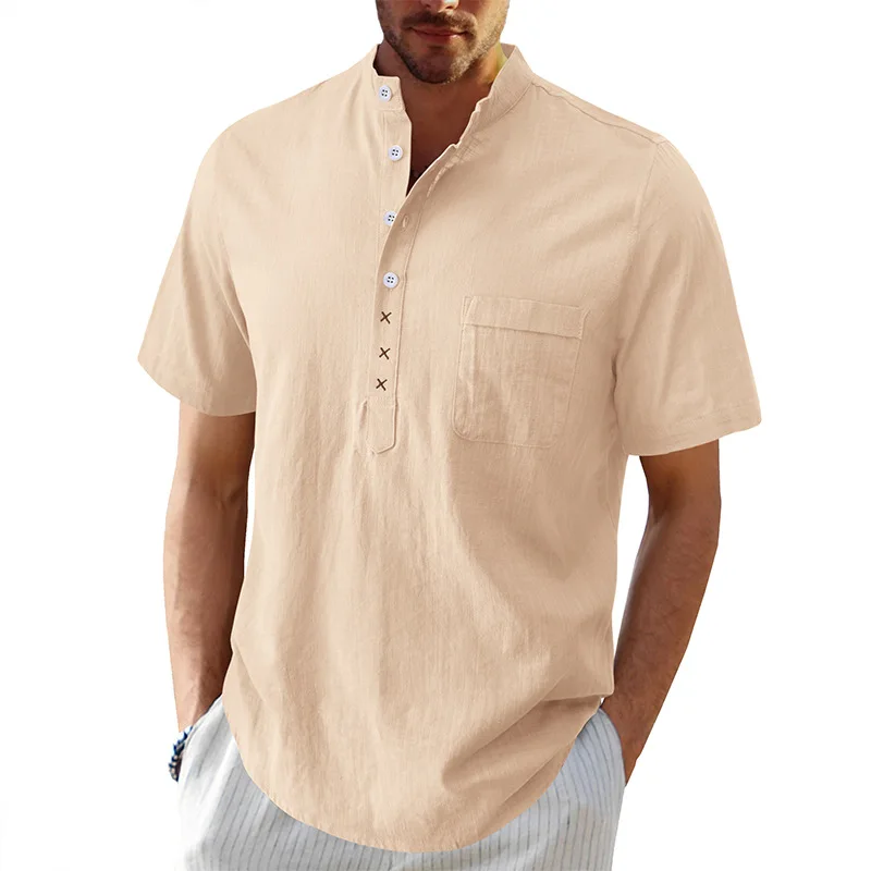 

Summer Men Shirt Short Sleeve Loose Oversized Shirts Casual High Street Tops O-neck Cotton Hemp Blouse Plus Size Men Polo Shirts
