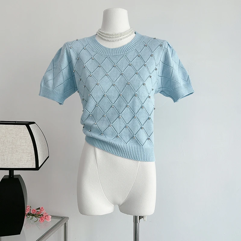 

Women's Elegant O Neck Short Sleeve Diamonds Argyle Sweater Lady Summer Solid Color Puff Sleeve Knitted T Shirt