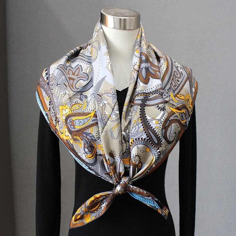 

Luxury Silk Scarf New Twill Sand Wash Double Sided Printing Hijab 90*90cm Cashew Flower Mulberry Silk Pareo Fashion Scarf Women