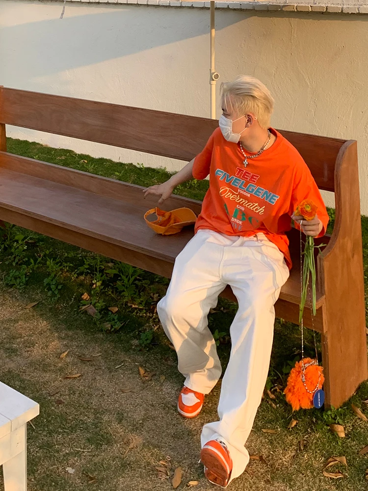 Fashion Men's White Jeans Adjustable Waist Design Men's Pants Loose Jeans Korean Fashion Streetwear Brand Jeans Jeans Aestethic