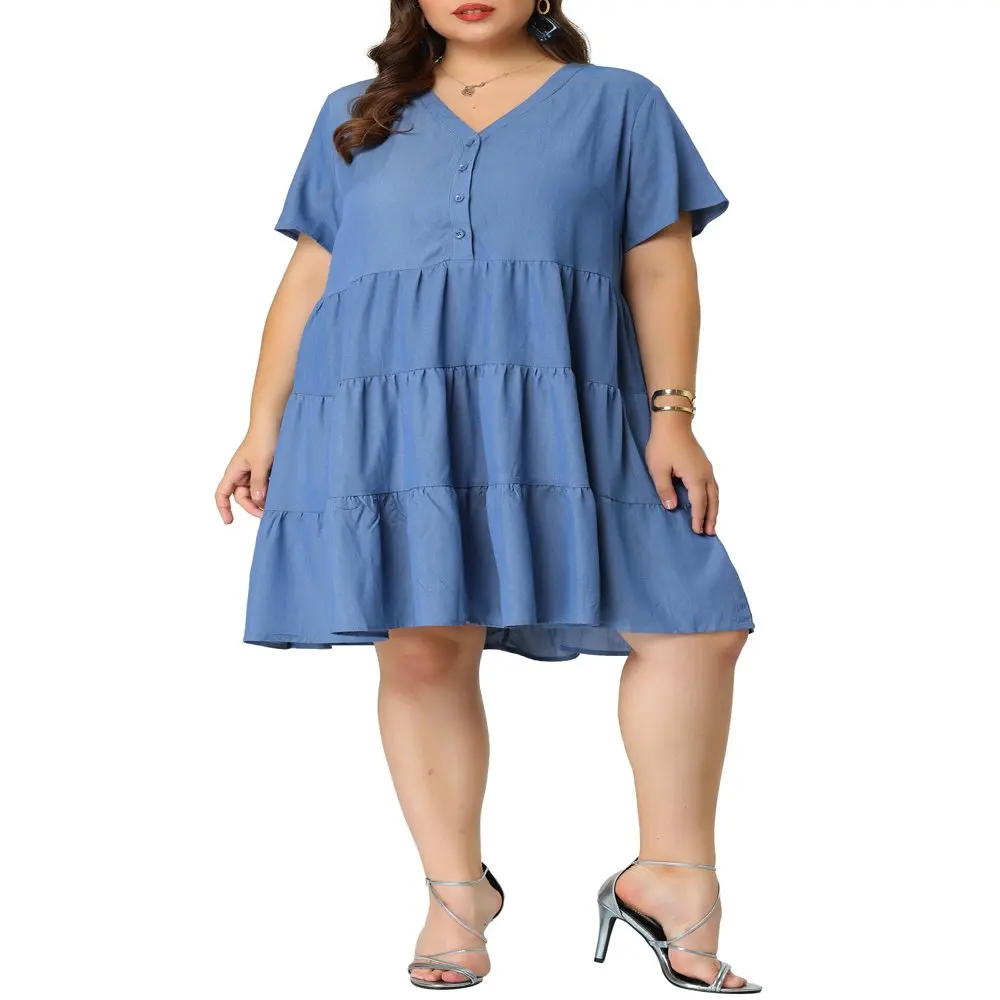 

HMCN Women`s Plus Size Denim Tiered Babydoll Short Sleeve Chambray Midi Dress