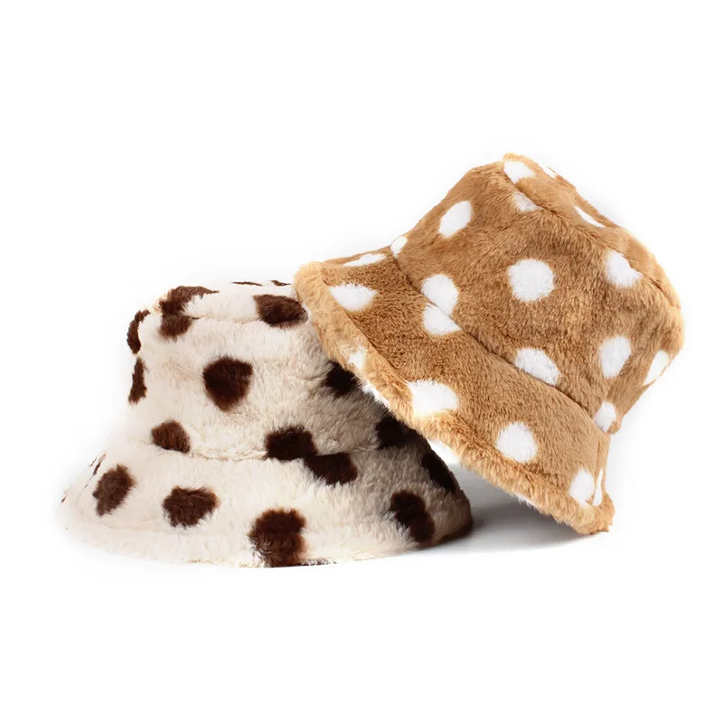 

Панама из искусственного меха овечьей шерсти с принтом в горошек, зимние теплые бархатные шапки для женщин, женская утолщенная Панама, улич...