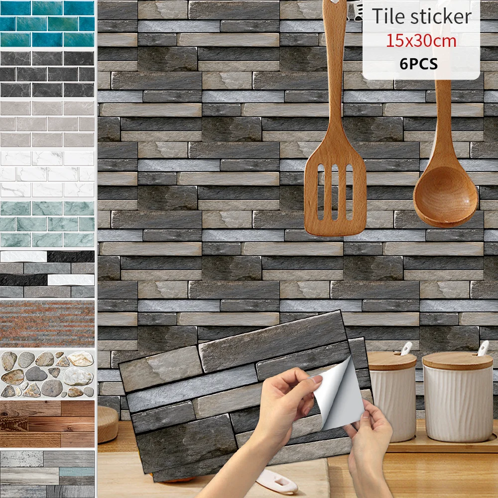 6PCS Imitation Brick Tile Stickers For Bathroom Kitchen Wallpaper Waterproof Self-adhesive DIY Wall Sticker Home Decor Decal