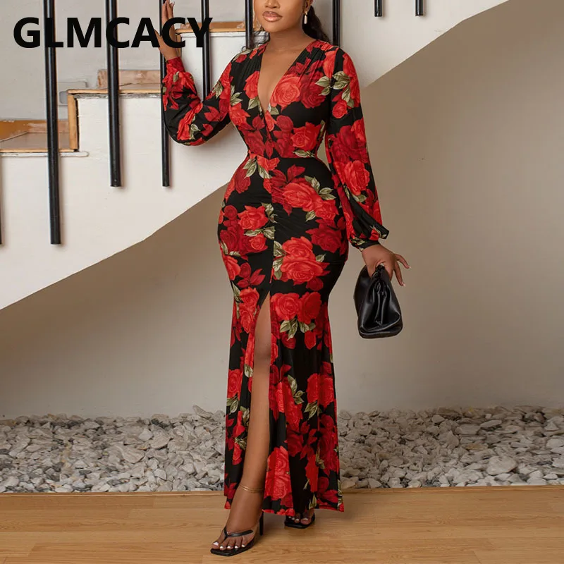 

Женское облегающее платье с длинным рукавом и V-образным вырезом, вечернее праздничное платье с цветочным принтом и разрезом