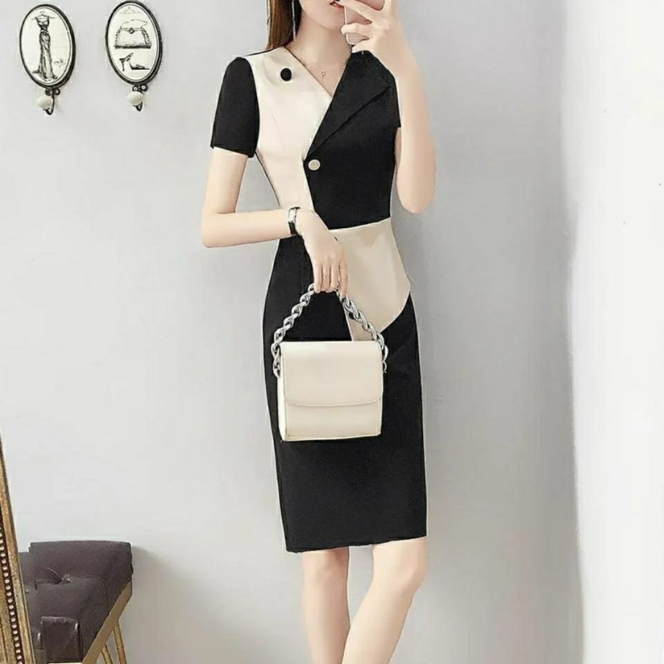 

Medium Split Work Dress Women's 2022 Summer Short New Skirt Korean Version Shows Thin Temperament Fashion Elegant Pathwork