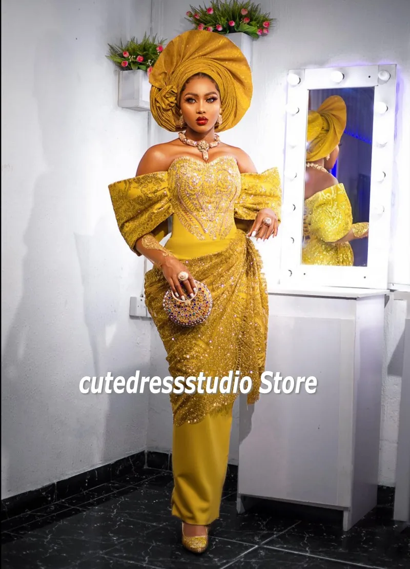 

Shinny Nigerian Gold Prom Dresses Sequin Beading African Wedding Party Gowns Long Sleeves Aso Ebi Women Dinner Wear