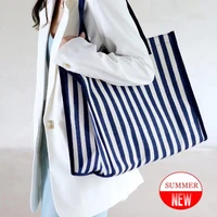 reusable women travel shopper tote shopping bag high quality canvas casual beach handbags female stripe design shoulder bags