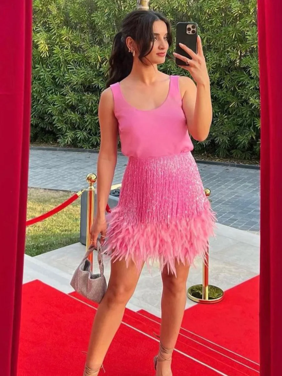 

JustChicc New Style Dinner Temperament Skirt Two-piece Sexy Skirt Tassel Feather Skirt