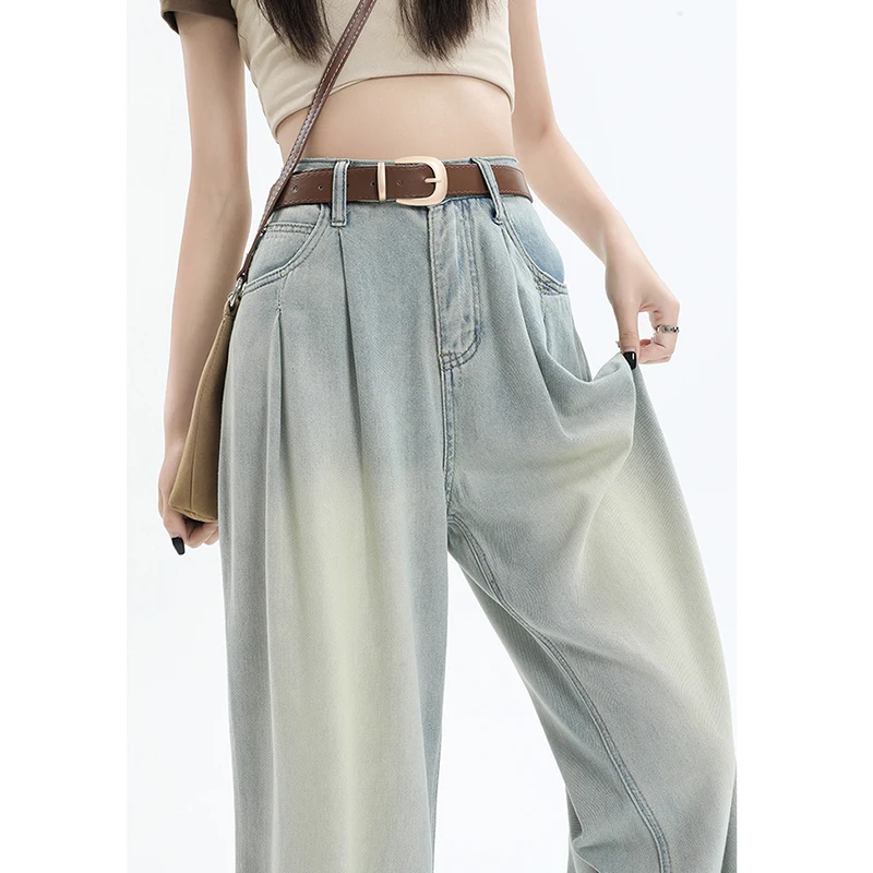 Jeans Women's Spring/Summer Commuter Pants Blue Youth Wide Leg Pants High Waist Loose Fit Pleated Straight Sweep Feel