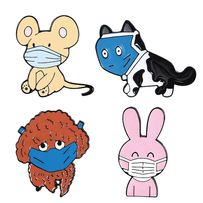 

Animals Wearing Masks Enamel Pin Cartoon Cute Masked Cat Dog Rabbit Brooches Bag Clothes Fun Lapel Badges Jewelry Gift