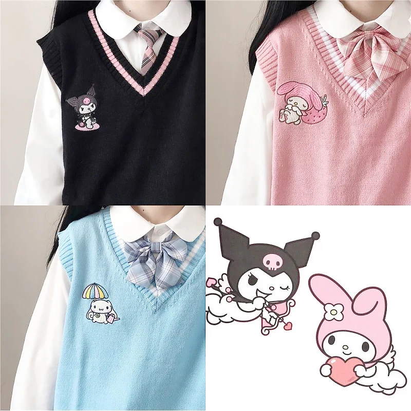 

Кавайный свитер Sanrio Kuromi, жилет Cinnamoroll My Melody Jk, милая Одежда для девочек на весну и осень, комплект шерстяного жилета с V-образным вырезом для студентов