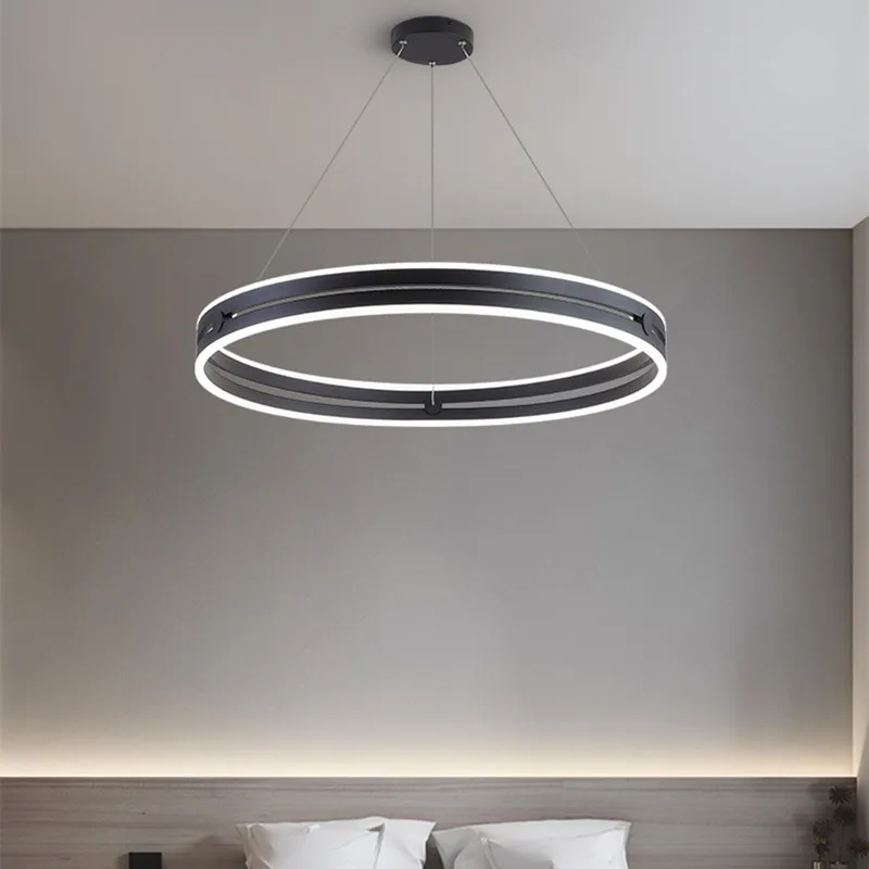 

Black Round LED Ceiling Chandelier Modern Living Room Bedroom Kitchen Island Hanging Light Creative Dining Room Pendant Light