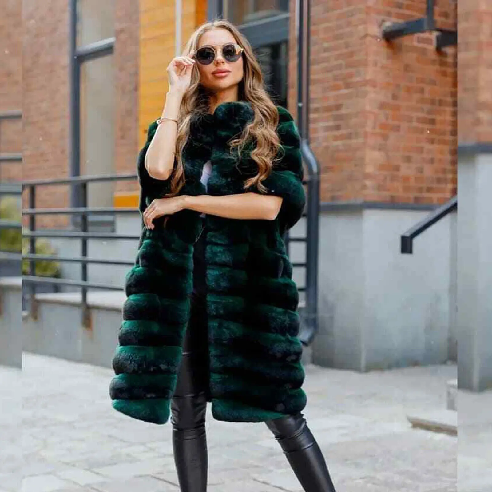 Fashion Women's Real Chinchilla Rex Rabbit Fur Coats Luxury Elegant Winter Warm Jackets Green Natural Thick Overcoat