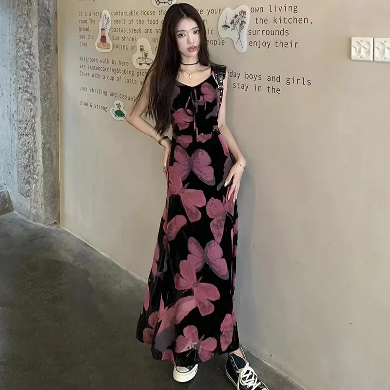 Vintage French Tie-Dye Butterfly Tank Dress Women's Clothing Summer Sweet Spicy Girl Waist-Fitted Elegant Wrap Around Short Skir