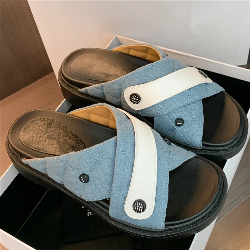 

Новинка лета 2022, женские сандалии, женская джинсовая обувь на плоской подошве, удобная женская обувь без застежек с квадратным носком
