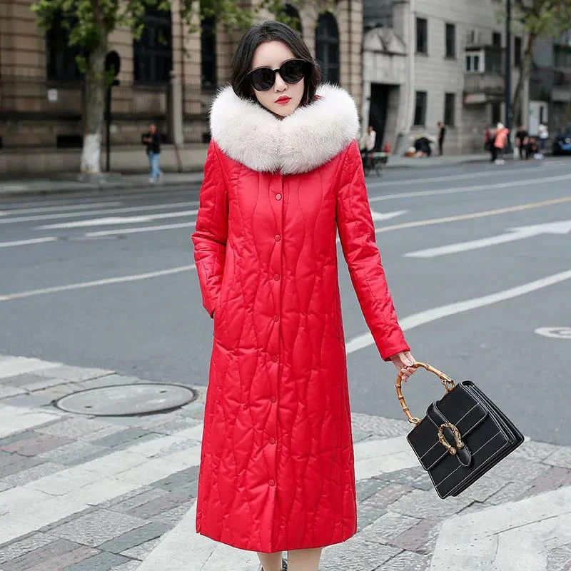 

New Women Leather Down Coat Autumn Winter 2022 Fashion Thick Warm Real Fox Fur Collar Hooded Loose Long Sheepskin Down Jacket