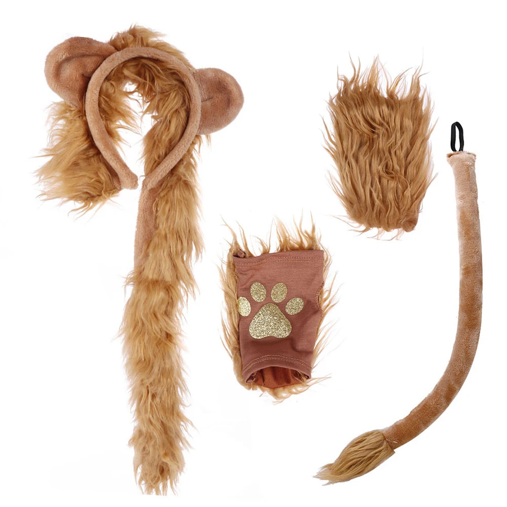 

4pcs Halloween Costume Lion Plush Ears Headband Tail And Paws Kit Lion Fingerless Costume For Adults And Kids Aged 3 And Up