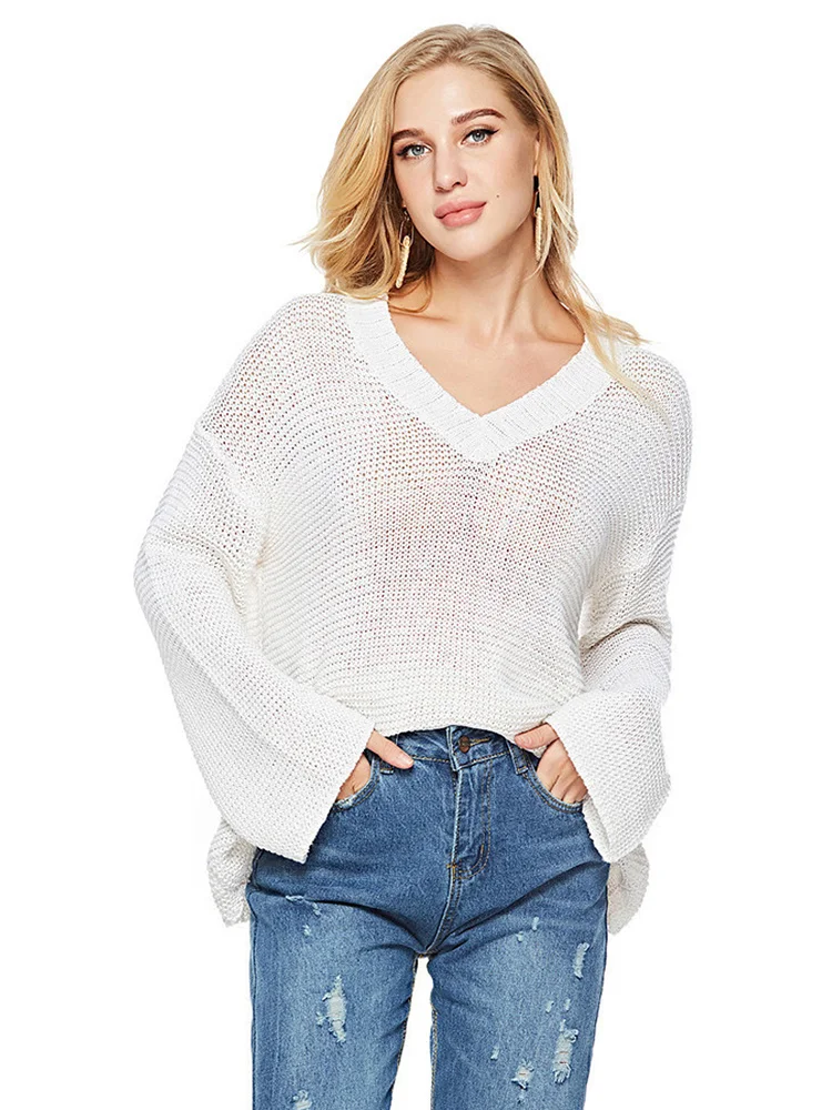 

Fitshinling New Arrival Autumn Women Sweaters And Pullovers V Neck Loose Hollow Out Knitwear Sweater Sexy White Jumper Sale Pull