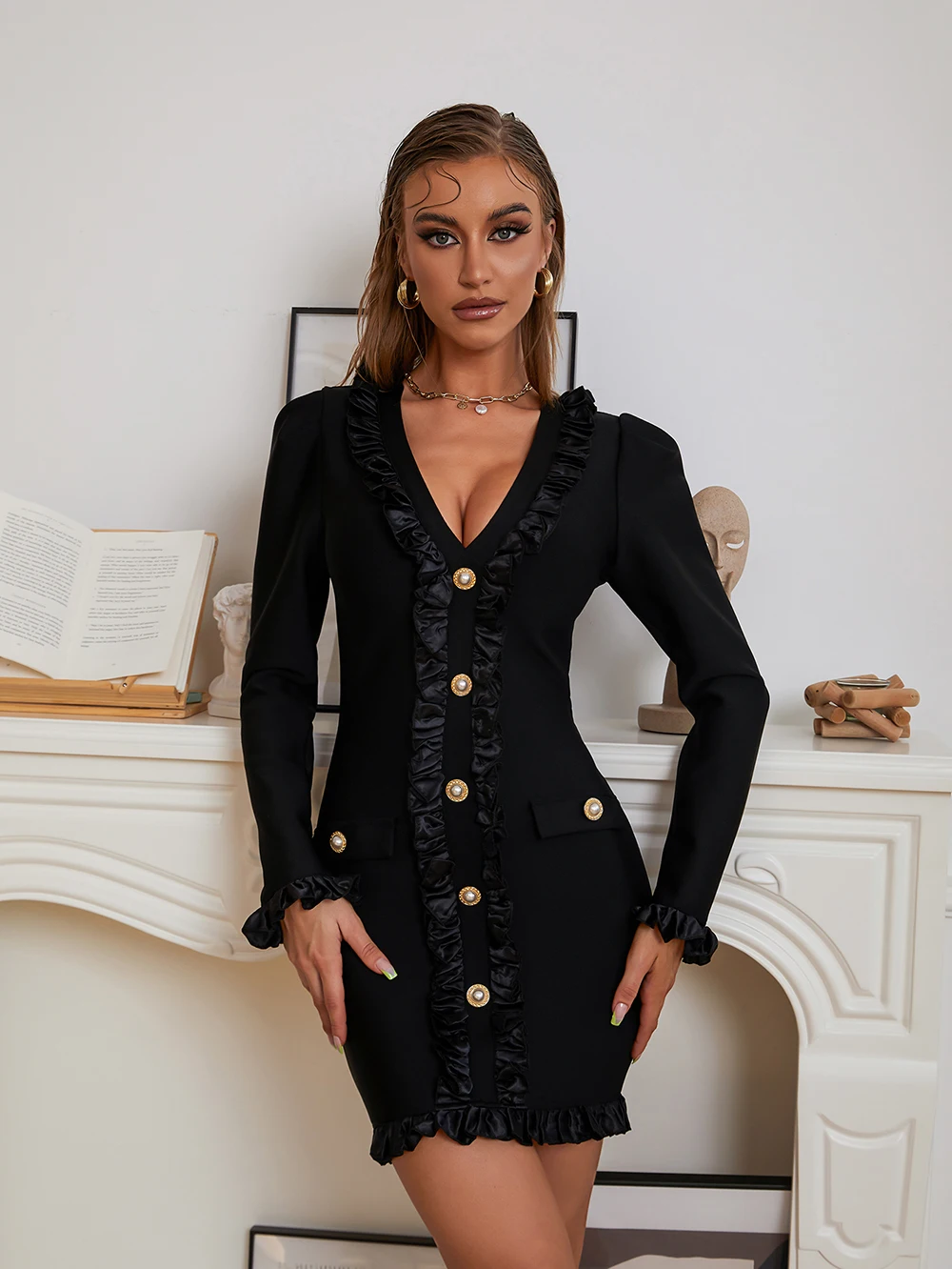 

2022 Winter Women Long Sleeve V Neck Pearl Button Black Ruffles Mini Bodycon Sexy Bandage Dress Elegant Evening Club Party Dress