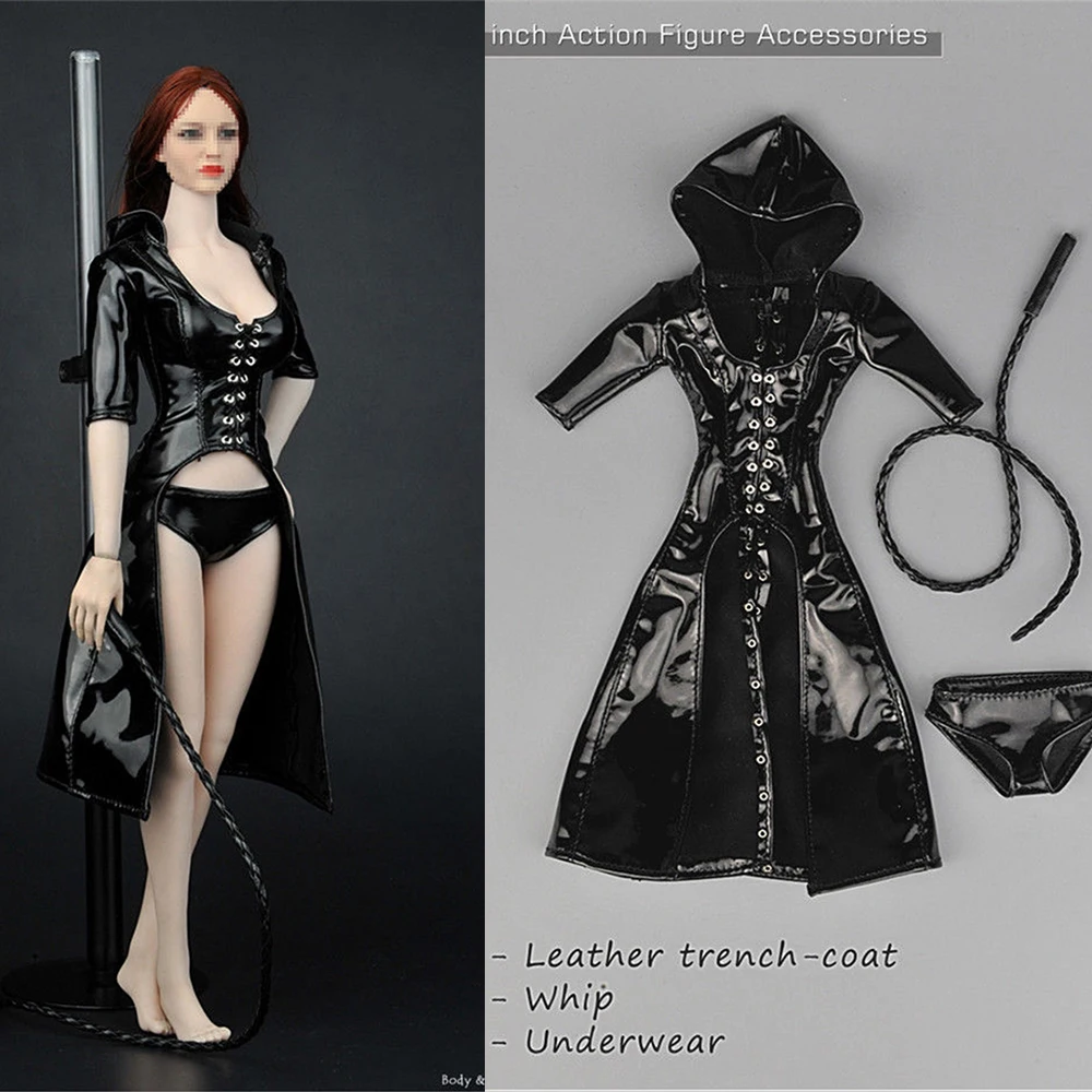 

ZY5018 1/ 6 Scale Sexy Feamle Figure Clothes Long Hood Leather Trench Coat & Whip & Underwear Set For 12" TBLeague Seamless Body