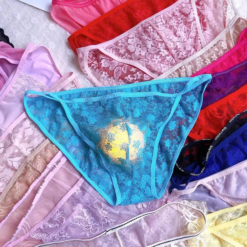 

Men Lace Sheer Briefs Sexy Sissy Pouch G Strings Bikini Thongs See Through Underwear Perspective Intimates Underpants Gays