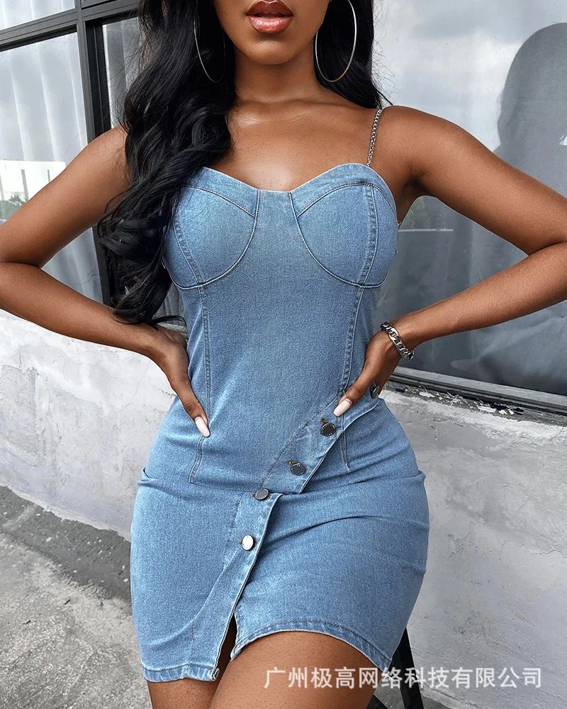 

Women Sleeveless Summer Spring Sexy Mini Dress Chain Linked Button Front Denim Cami Dress Party Club Strap Bodycon