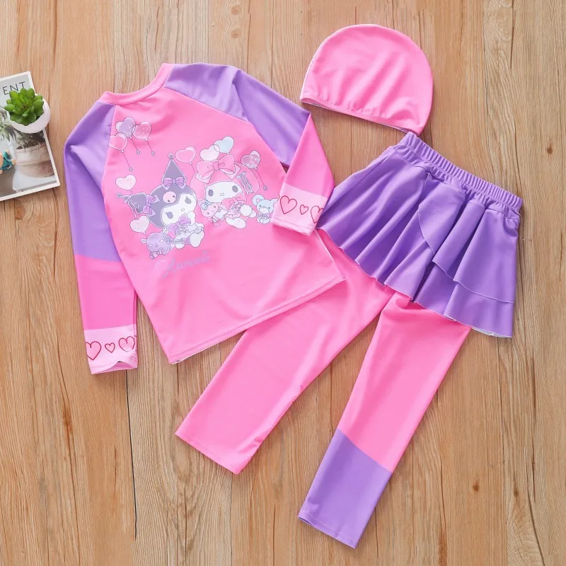 Фото Детский слитный купальник Kawaii Kuromi My Melody из мультфильма аниме Sanrio с милым сердечком для девочки среднего и старшего возраста №3
