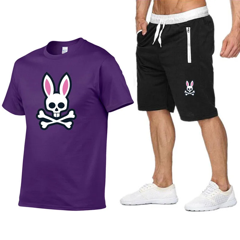 Outdoor Sports Jogging Short-sleeved Suit Ghost Rabbit Print  Cotton Men's T-shirt + Shorts Summer Casual Suit Women' T-shirt